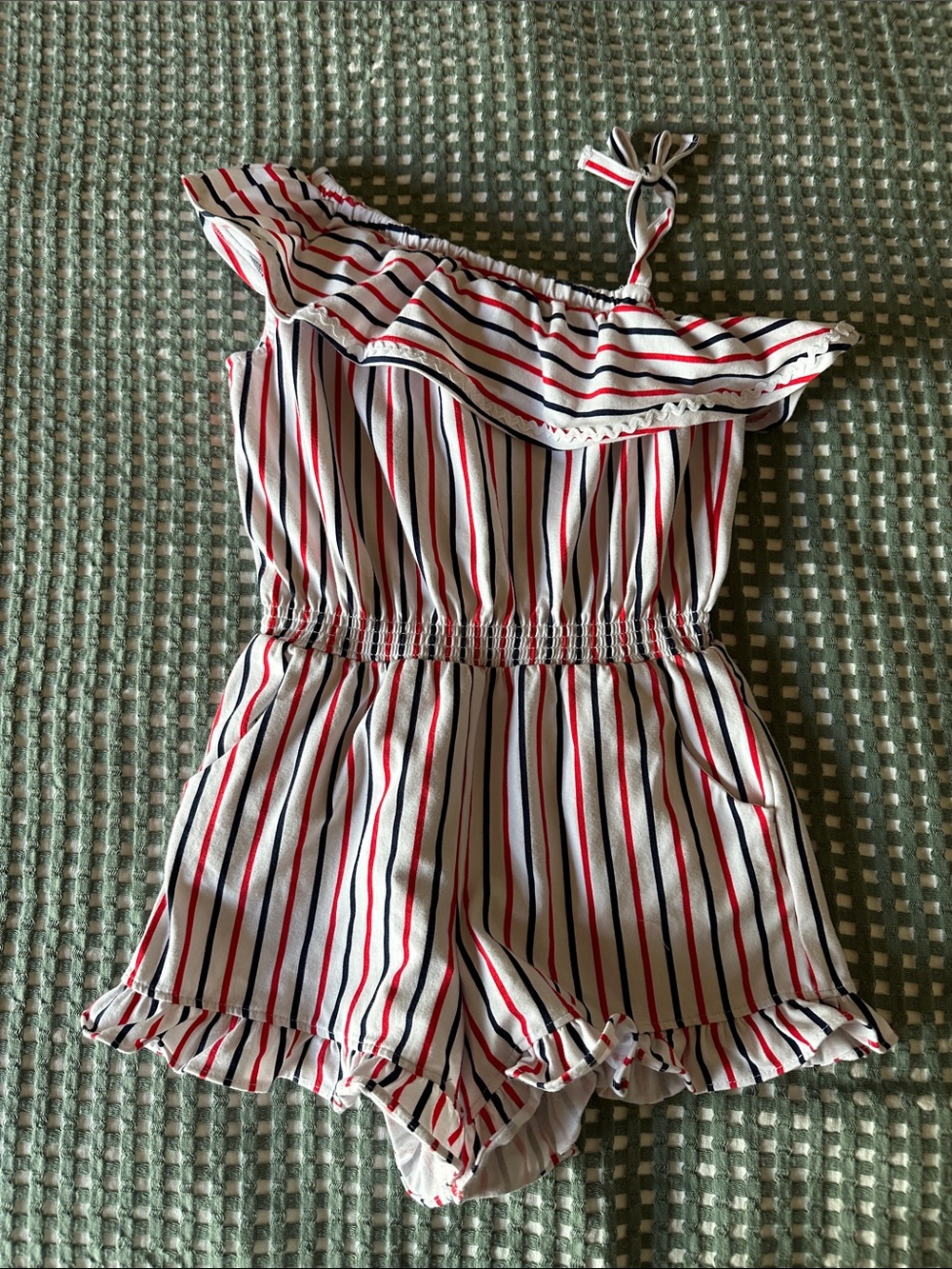 Janie and Jack White Romper with Red and Navy Stripes